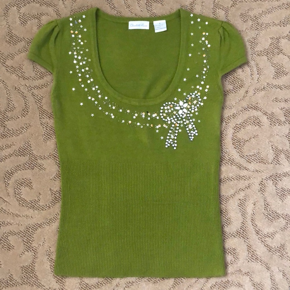 Charlotte Russe olive green 100% acrylic cap sleeve sweater top. Size S